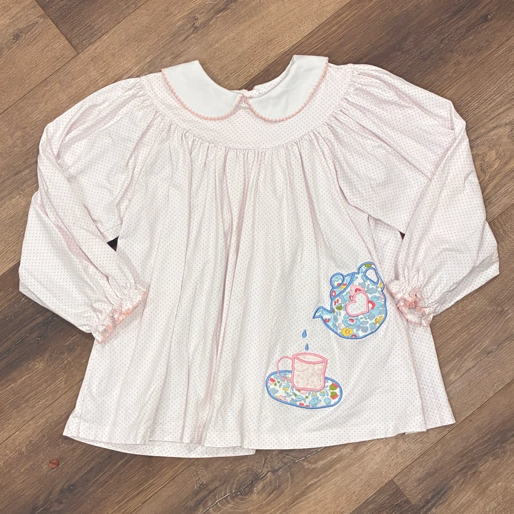 Castles & Crowns Teacup Blouse Shirt Top Appliqué Tea Party 10 Girl